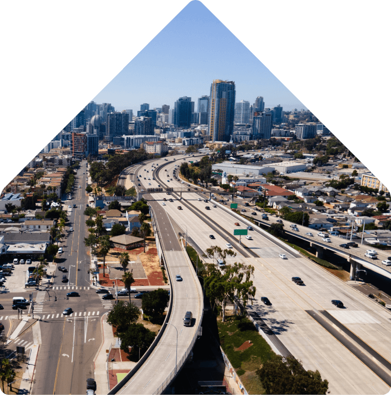 San Diego freeway with downtown skyline